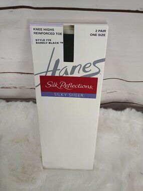 Hanes Silk Reflections Knee Highs Barely Black Reinforced Toe 2 Pairs One Size